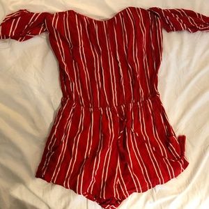 Red & white striped off the shoulder romper